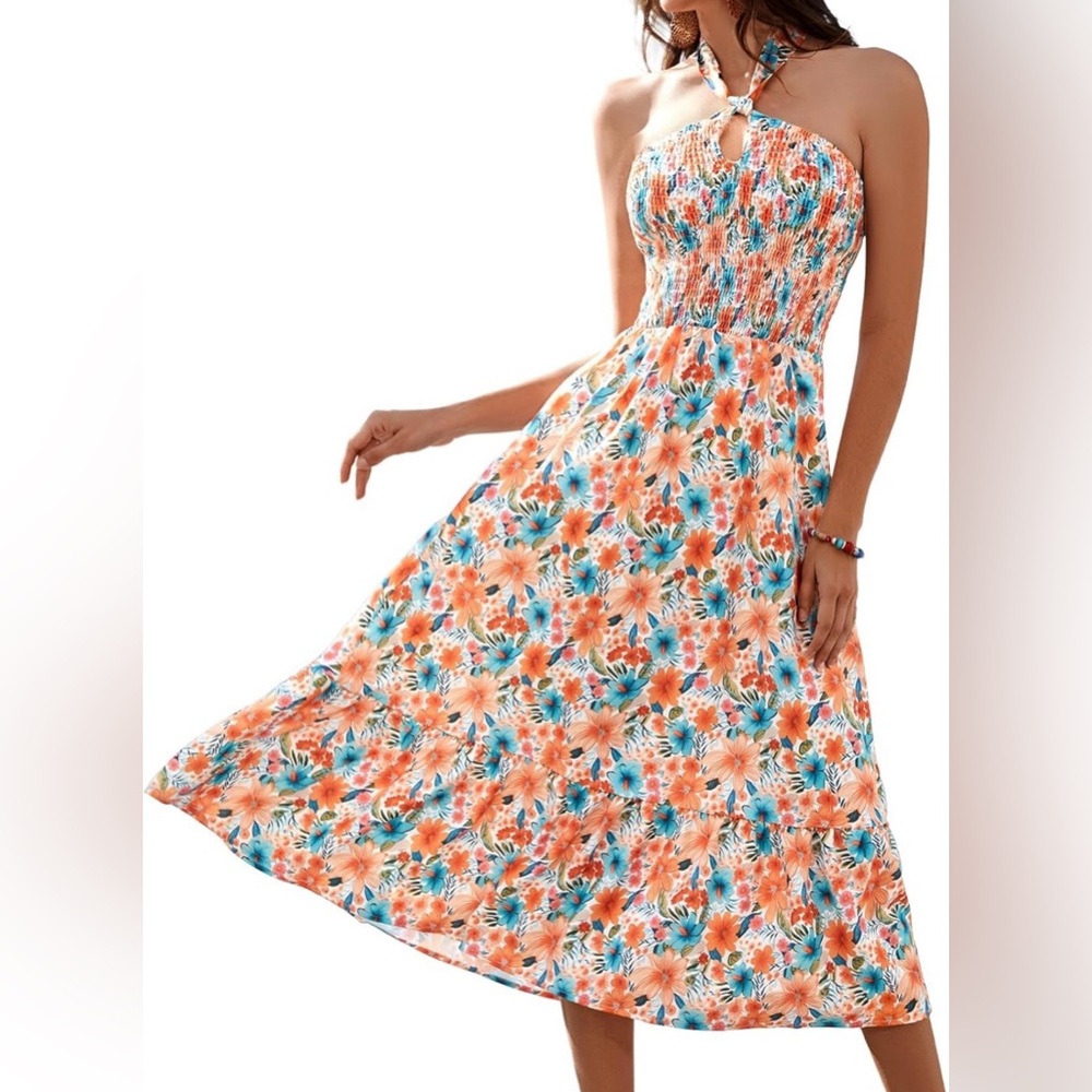 NEW HomRain criss-cross halter neck floral maxi dress.